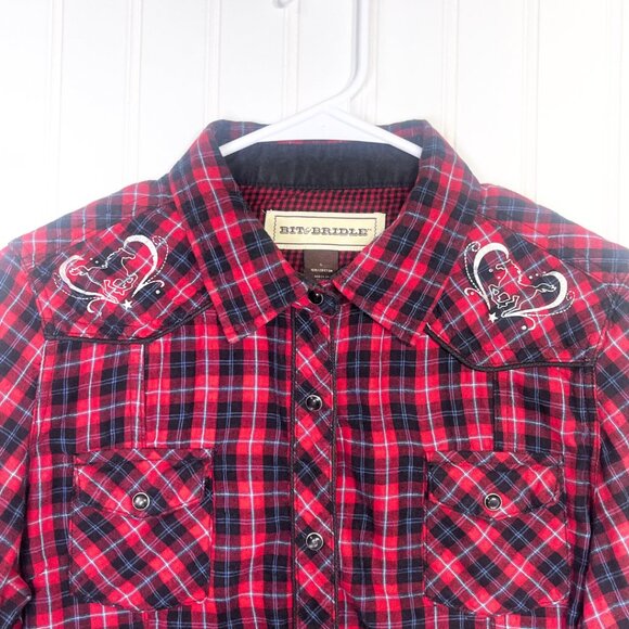 Red Multi Color Long Sleeve Button Up Pearl Snap Flannel Shirt Large - Picture 6 of 14